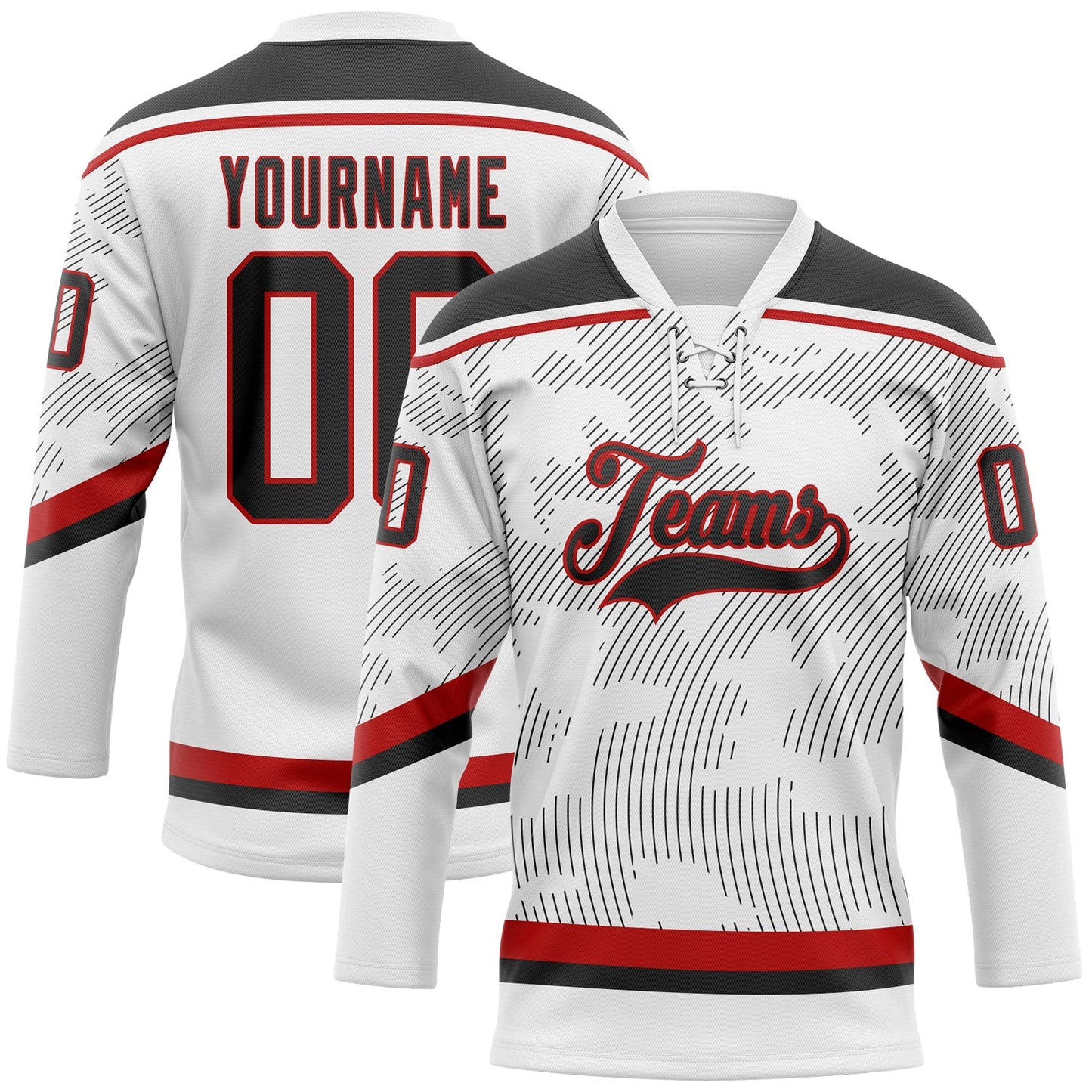 Custom White Black-Red 3D Pattern Curve Lines Hockey Lace Neck Jersey - Main View