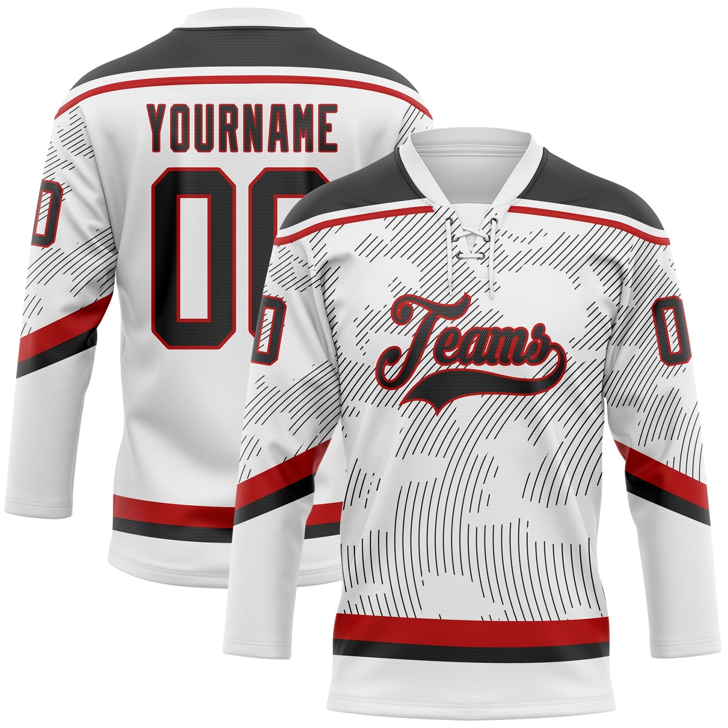 Custom White Black-Red 3D Pattern Curve Lines Hockey Lace Neck Jersey - Main View