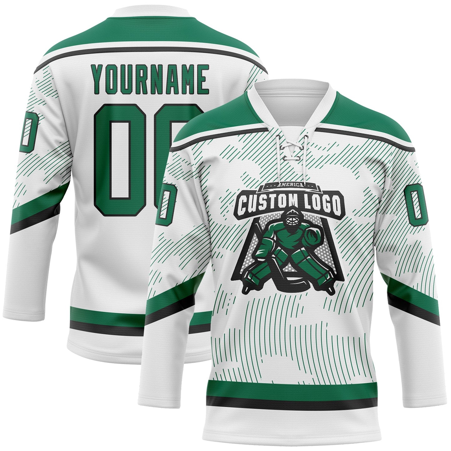 Custom White Kelly Green-Black 3D Pattern Curve Lines Hockey Lace Neck Jersey view 2