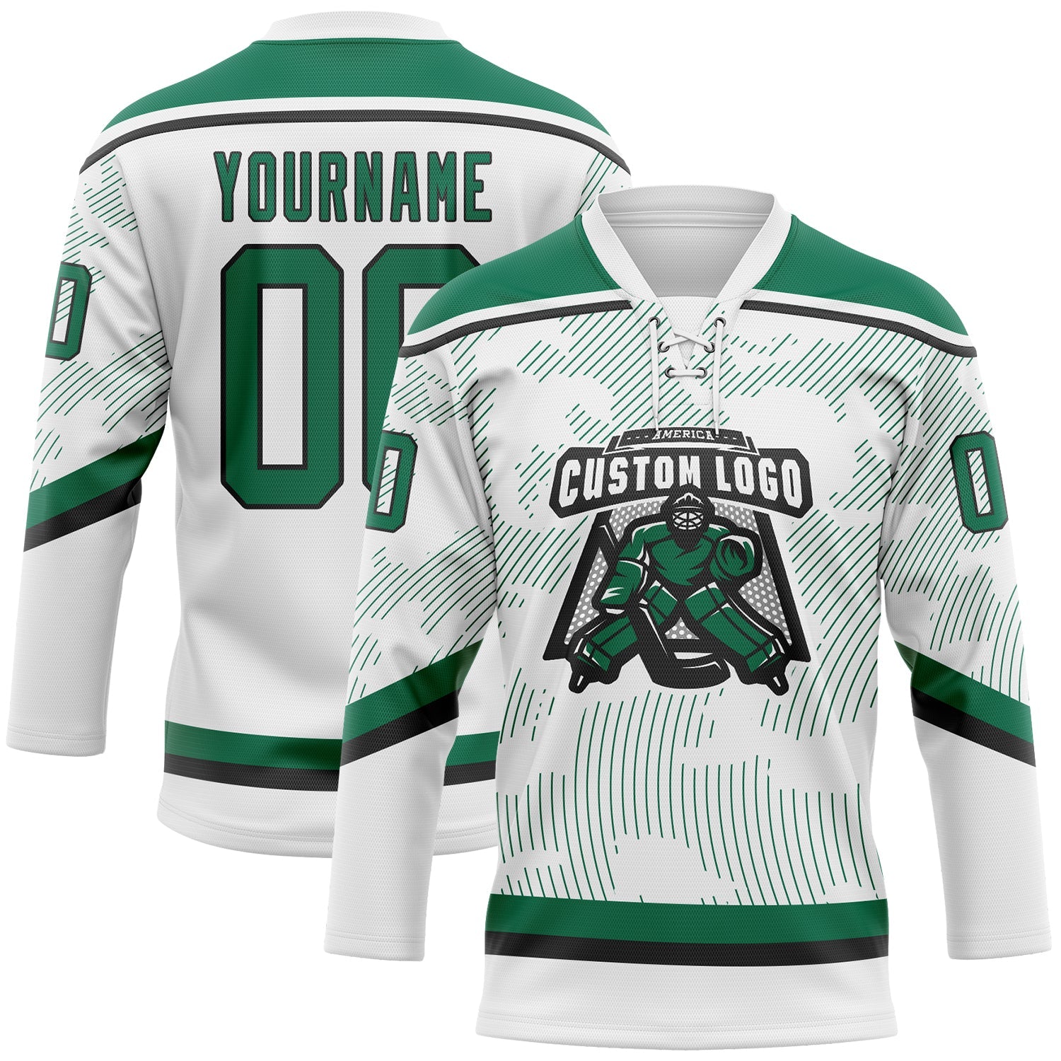 Custom White Kelly Green-Black 3D Pattern Curve Lines Hockey Lace Neck Jersey view 2