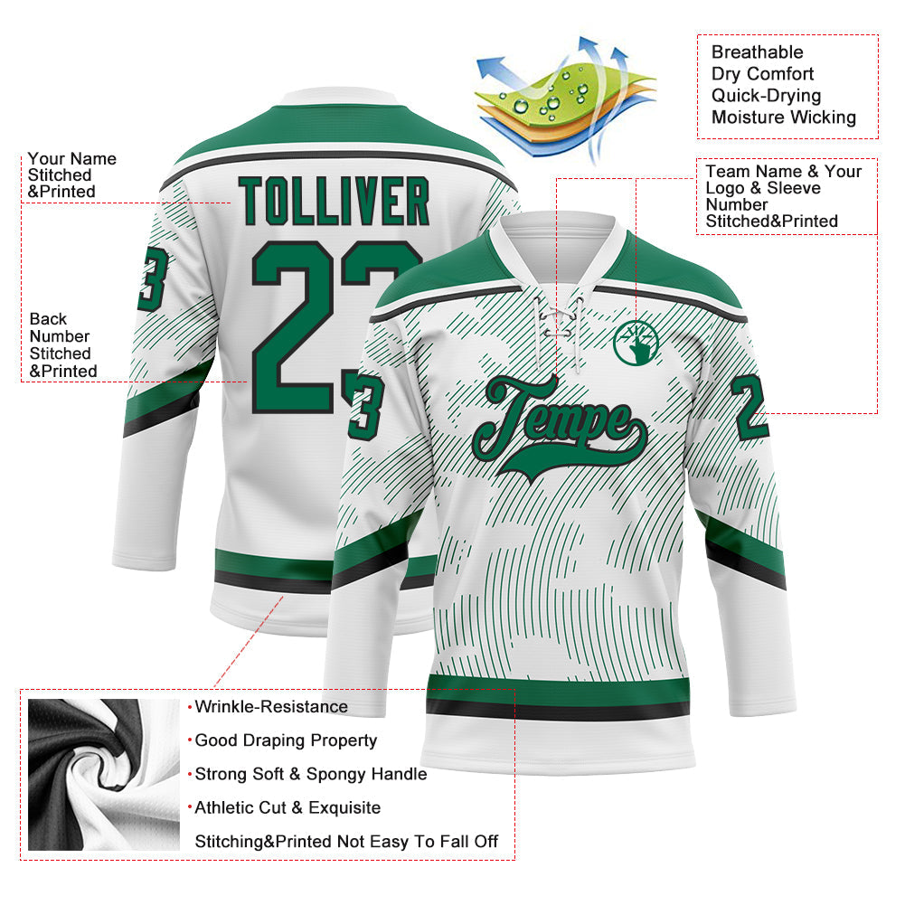Custom White Kelly Green-Black 3D Pattern Curve Lines Hockey Lace Neck Jersey view 3
