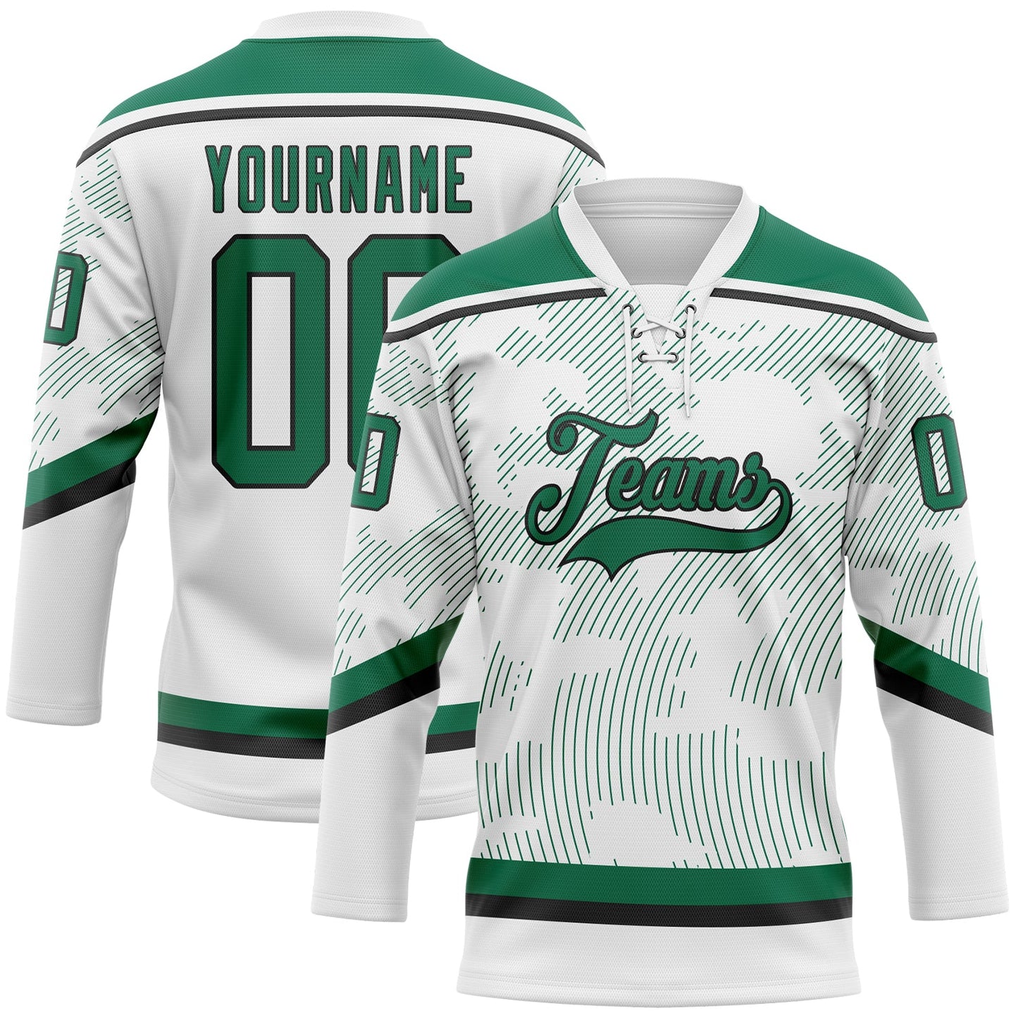 Custom White Kelly Green-Black 3D Pattern Curve Lines Hockey Lace Neck Jersey - Main View
