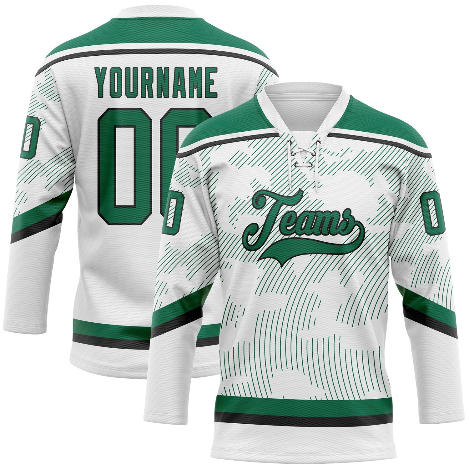 Custom White Kelly Green-Black 3D Pattern Curve Lines Hockey Lace Neck Jersey - Main View