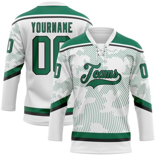 Custom White Kelly Green-Black 3D Pattern Curve Lines Hockey Lace Neck Jersey - Main View