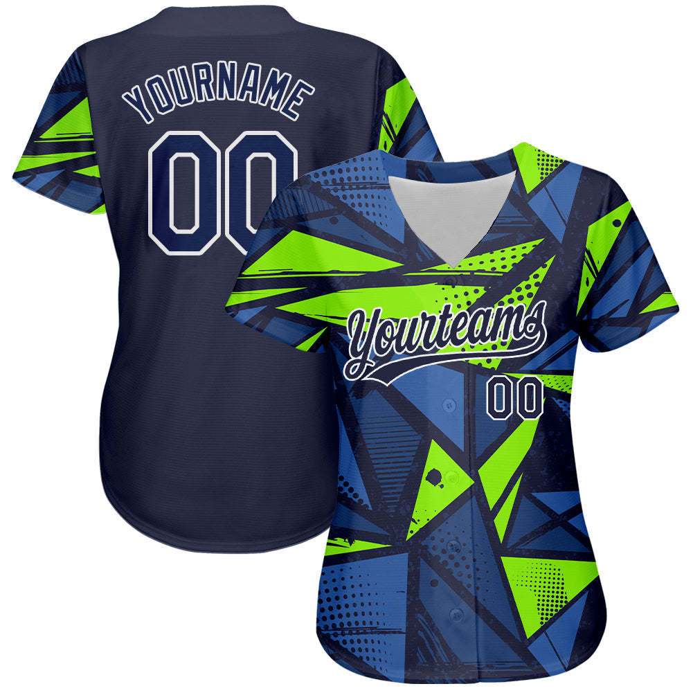 Custom Navy Navy-Neon Green 3D Pattern Design Authentic Baseball Jersey view 2