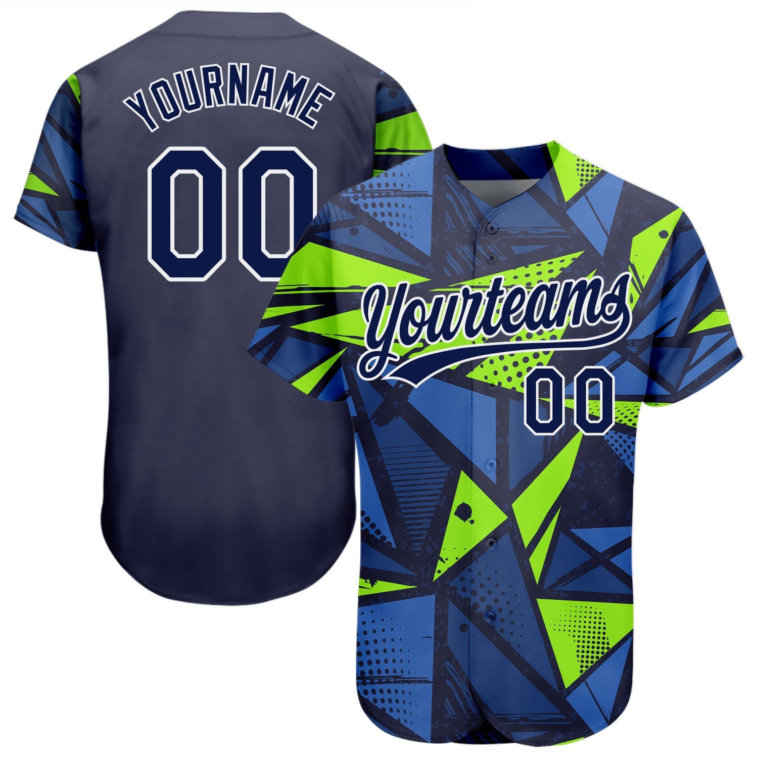 Custom Navy Navy-Neon Green 3D Pattern Design Authentic Baseball Jersey - Main View