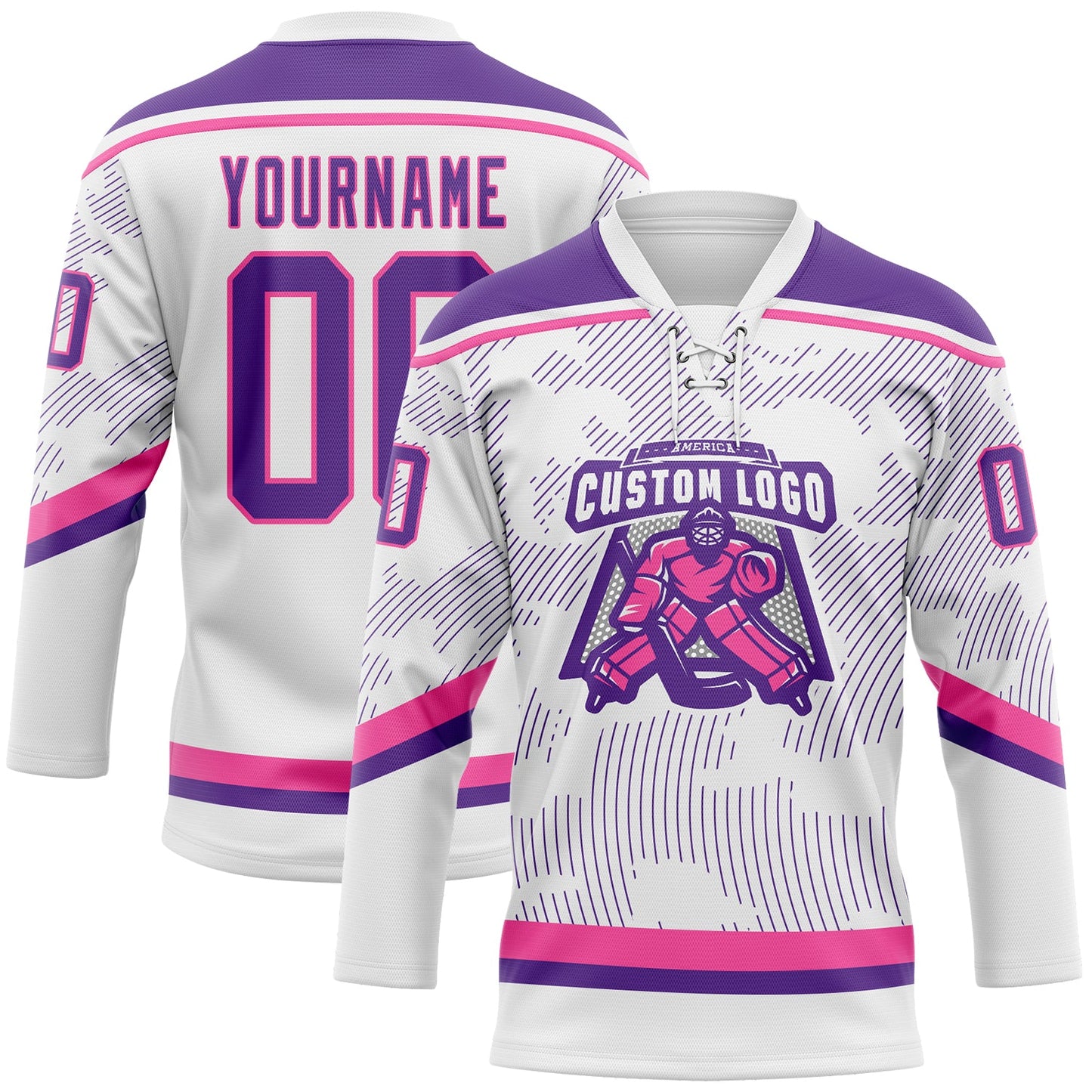 Custom White Purple-Pink 3D Pattern Curve Lines Hockey Lace Neck Jersey view 2