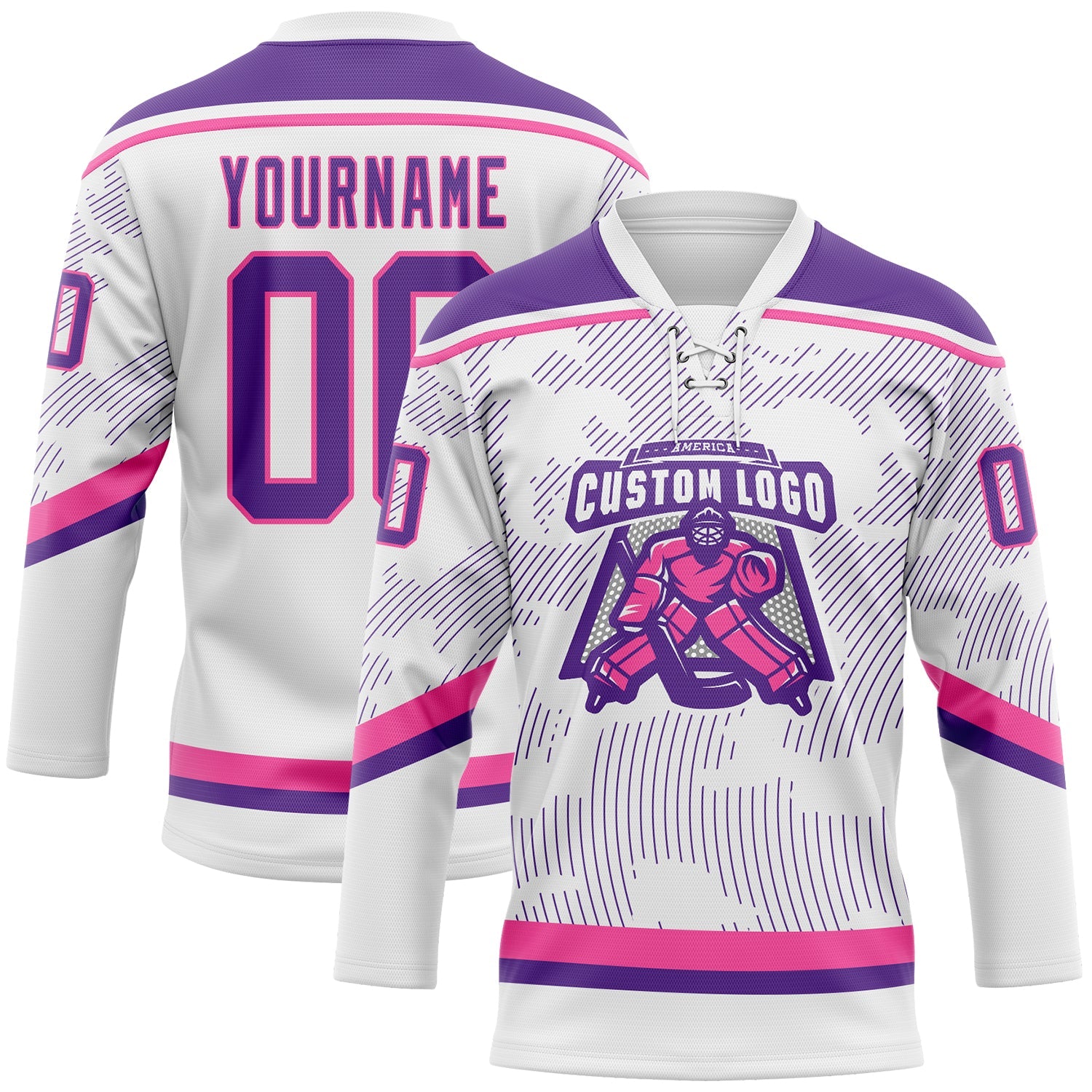 Custom White Purple-Pink 3D Pattern Curve Lines Hockey Lace Neck Jersey view 2