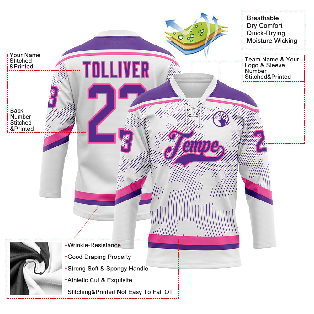 Custom White Purple-Pink 3D Pattern Curve Lines Hockey Lace Neck Jersey view 3