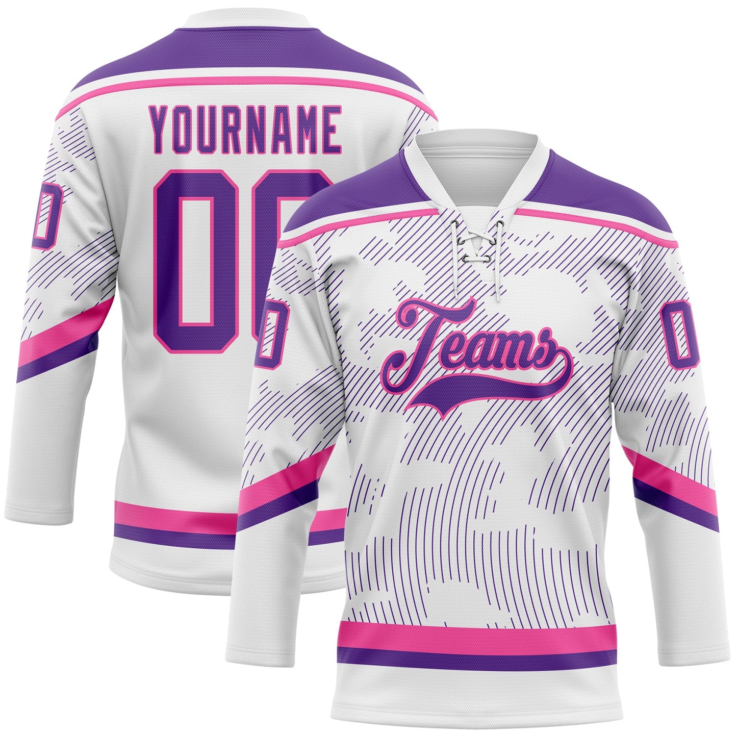 Custom White Purple-Pink 3D Pattern Curve Lines Hockey Lace Neck Jersey - Main View