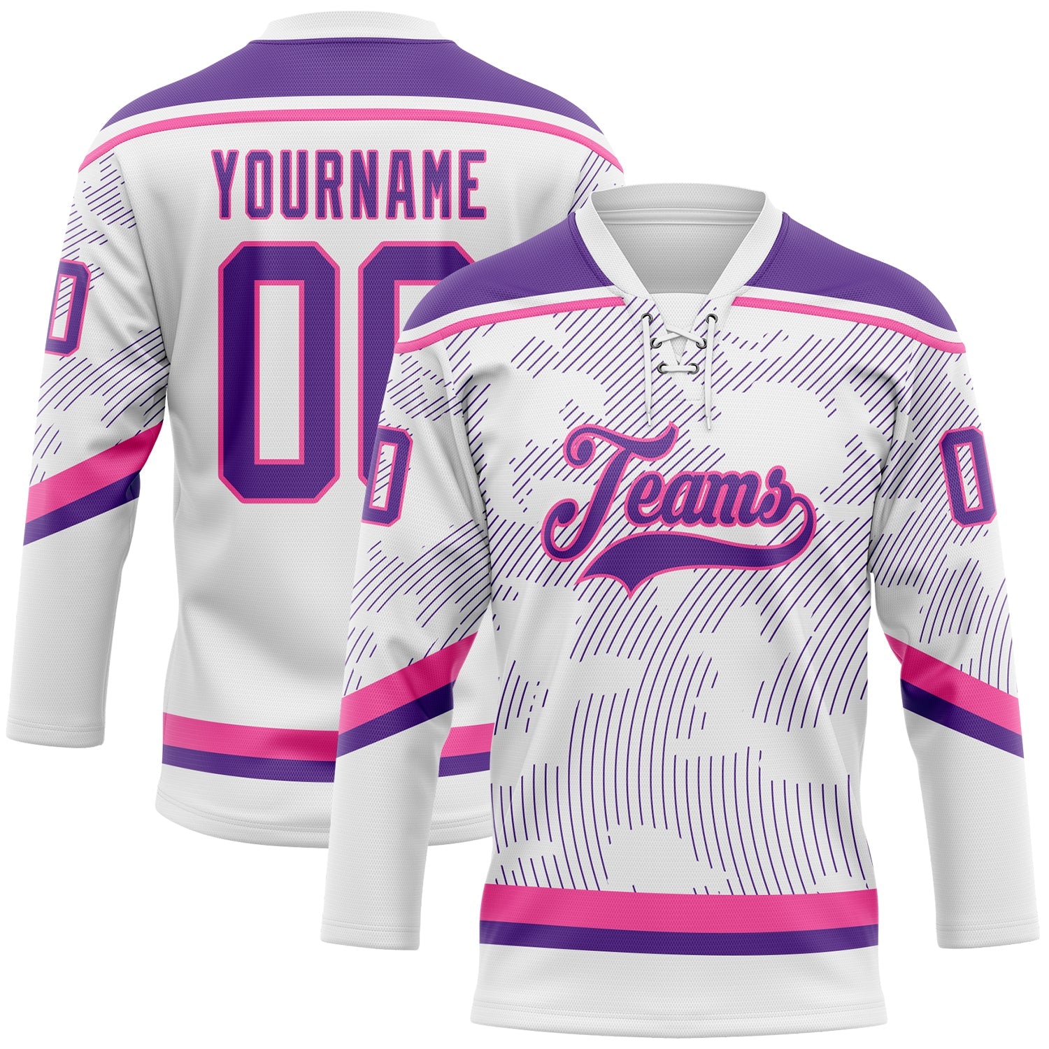 Custom White Purple-Pink 3D Pattern Curve Lines Hockey Lace Neck Jersey - Main View