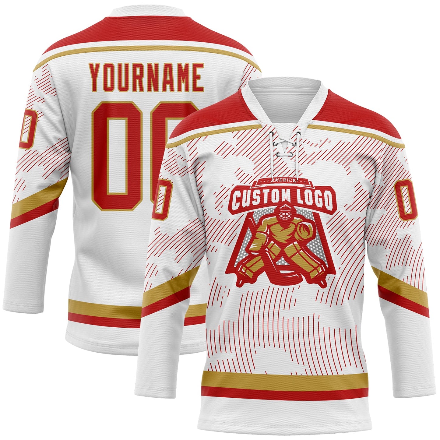 Custom White Red-Old Gold 3D Pattern Curve Lines Hockey Lace Neck Jersey view 2