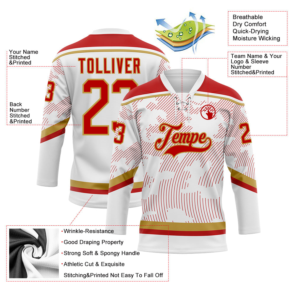 Custom White Red-Old Gold 3D Pattern Curve Lines Hockey Lace Neck Jersey view 3