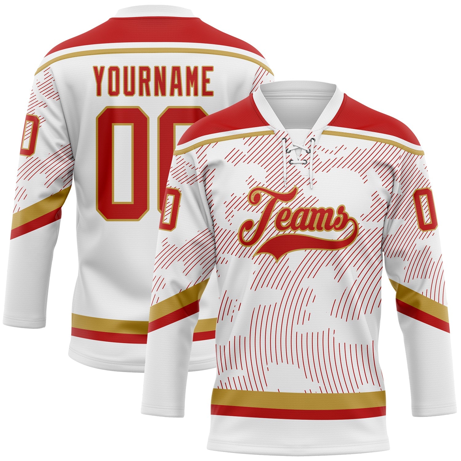 Custom White Red-Old Gold 3D Pattern Curve Lines Hockey Lace Neck Jersey - Main View