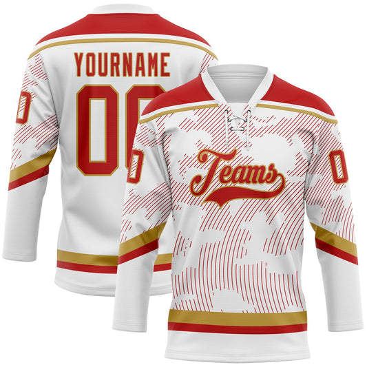 Custom White Red-Old Gold 3D Pattern Curve Lines Hockey Lace Neck Jersey - Main View