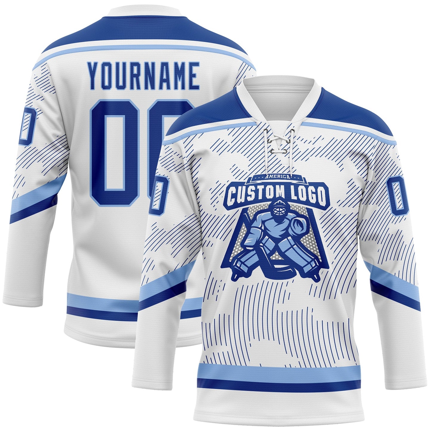 Custom White Royal-Light Blue 3D Pattern Curve Lines Hockey Lace Neck Jersey view 2