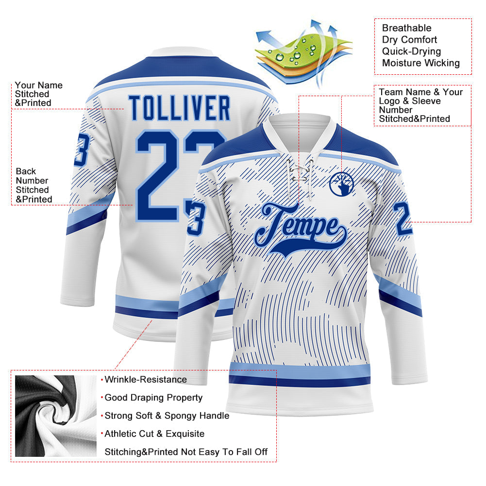Custom White Royal-Light Blue 3D Pattern Curve Lines Hockey Lace Neck Jersey view 3