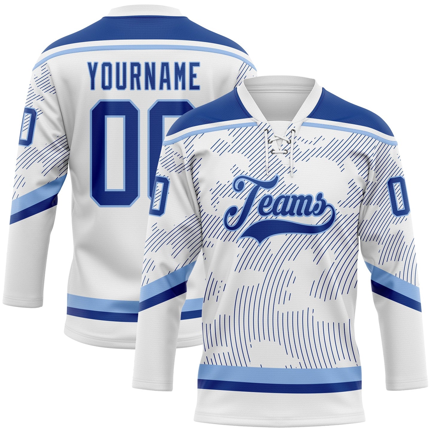 Custom White Royal-Light Blue 3D Pattern Curve Lines Hockey Lace Neck Jersey - Main View