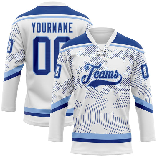 Custom White Royal-Light Blue 3D Pattern Curve Lines Hockey Lace Neck Jersey - Main View