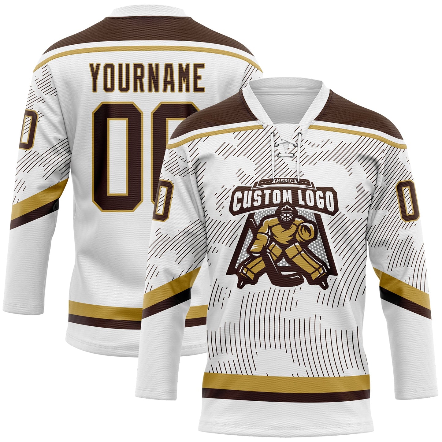 Custom White Brown-Old Gold 3D Pattern Curve Lines Hockey Lace Neck Jersey view 2