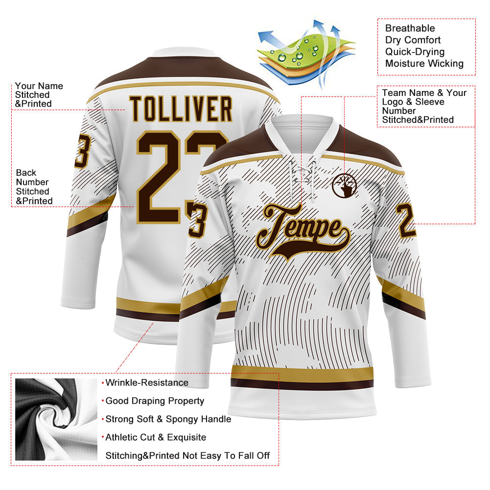 Custom White Brown-Old Gold 3D Pattern Curve Lines Hockey Lace Neck Jersey view 3