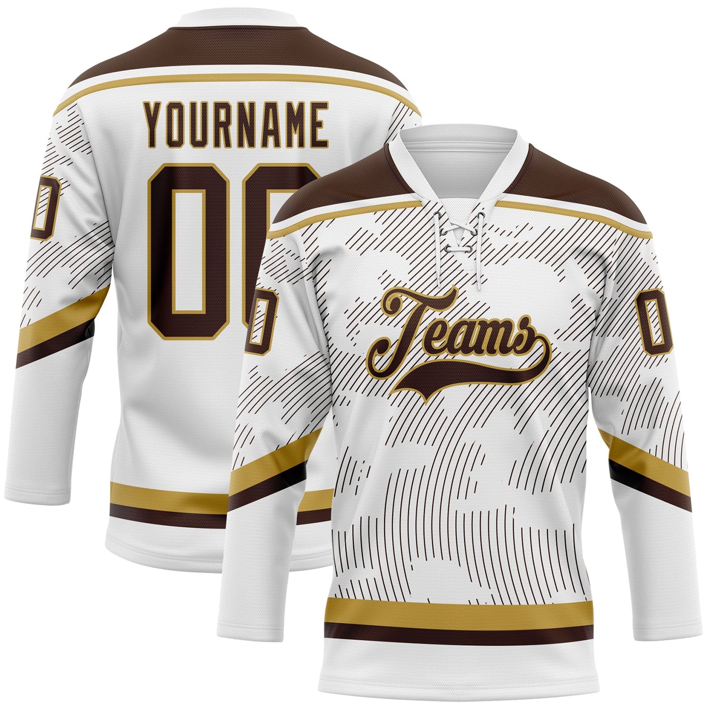 Custom White Brown-Old Gold 3D Pattern Curve Lines Hockey Lace Neck Jersey - Main View