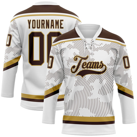Custom White Brown-Old Gold 3D Pattern Curve Lines Hockey Lace Neck Jersey - Main View