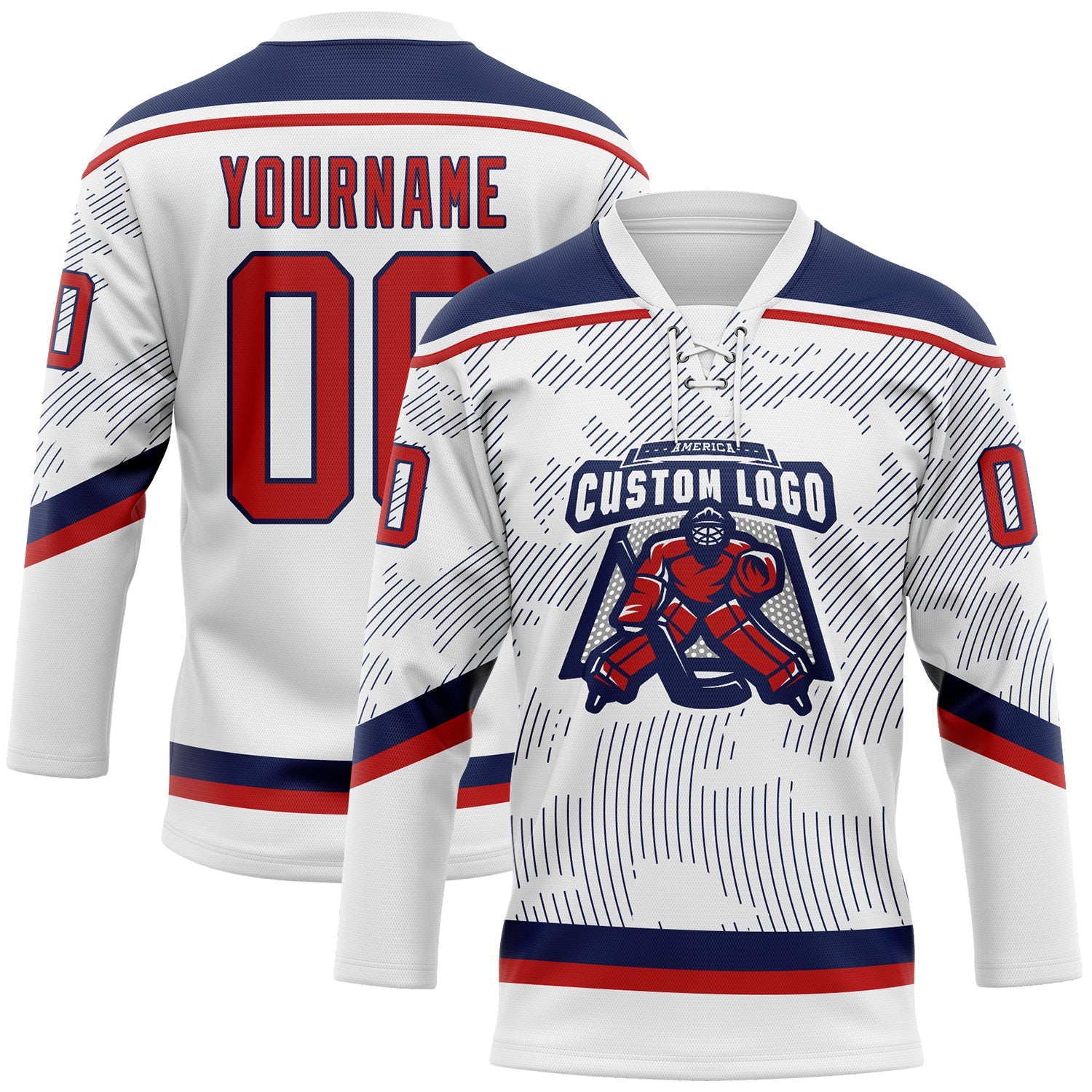 Custom White Red-Navy 3D Pattern Curve Lines Hockey Lace Neck Jersey view 2