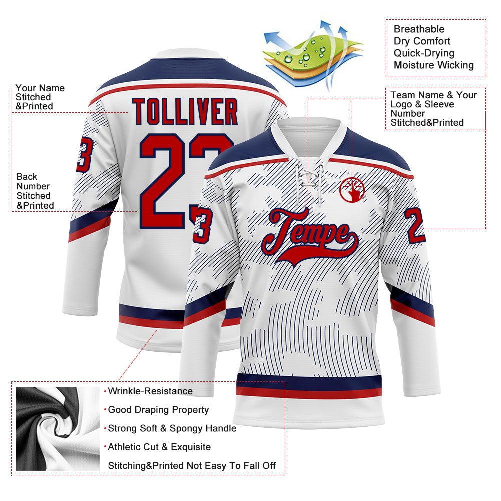 Custom White Red-Navy 3D Pattern Curve Lines Hockey Lace Neck Jersey view 3