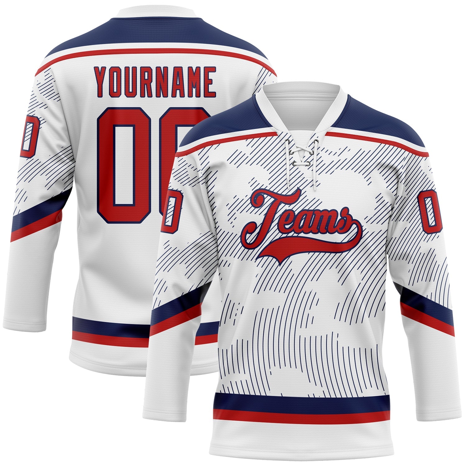 Custom White Red-Navy 3D Pattern Curve Lines Hockey Lace Neck Jersey - Main View