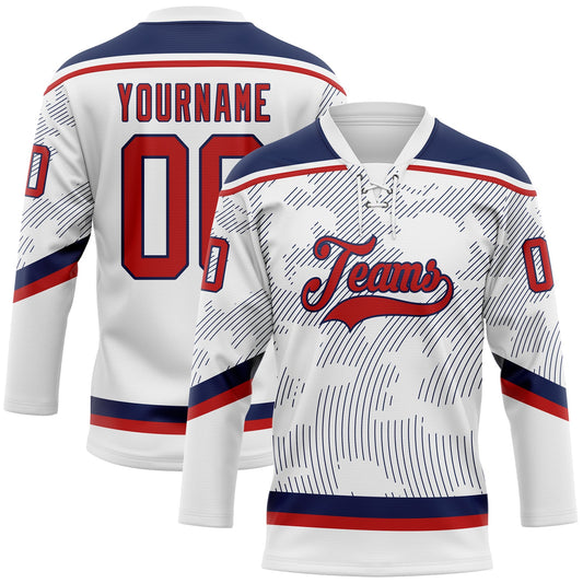 Custom White Red-Navy 3D Pattern Curve Lines Hockey Lace Neck Jersey - Main View
