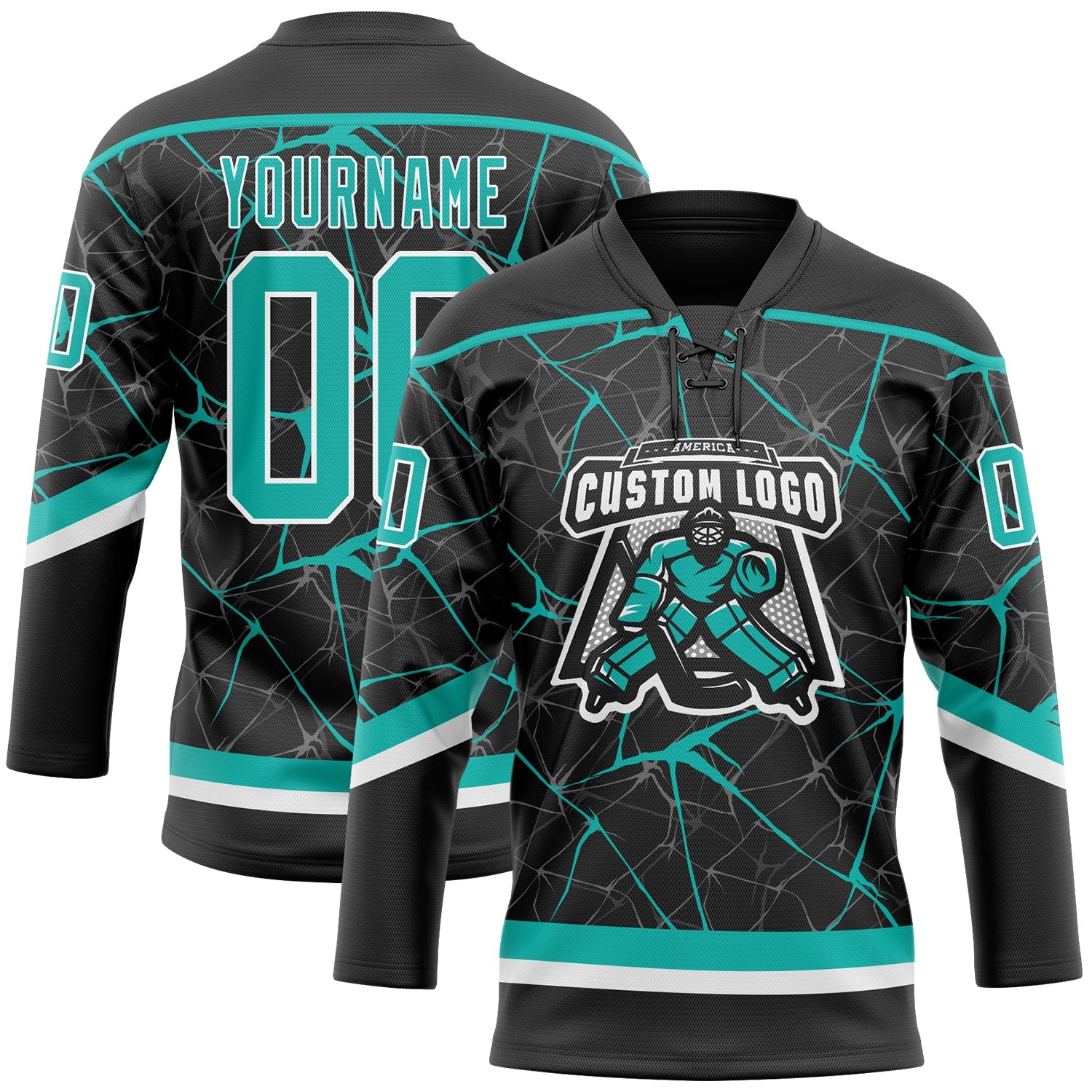 Custom Black Aqua-White 3D Pattern Abstract Network Hockey Lace Neck Jersey view 2