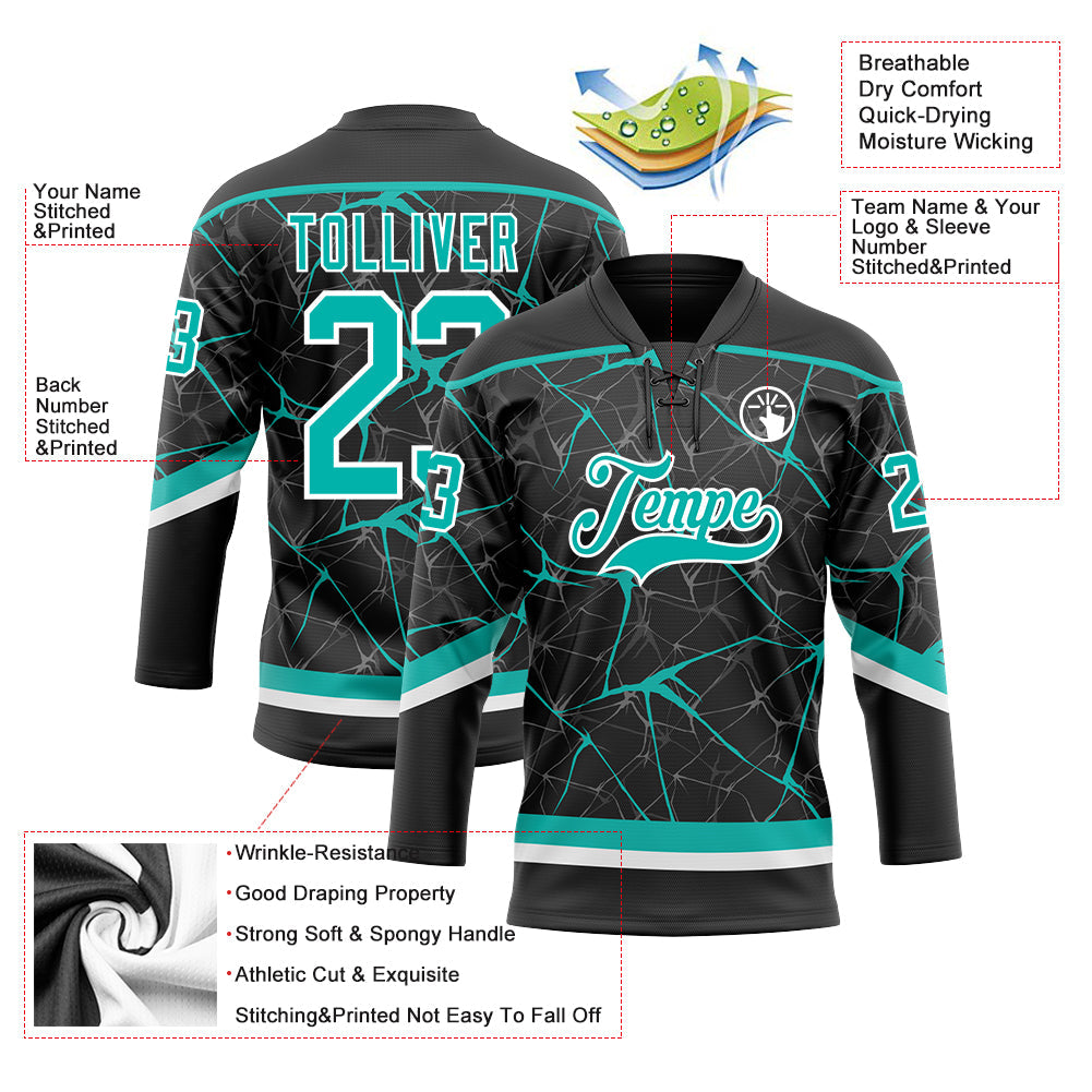 Custom Black Aqua-White 3D Pattern Abstract Network Hockey Lace Neck Jersey view 3