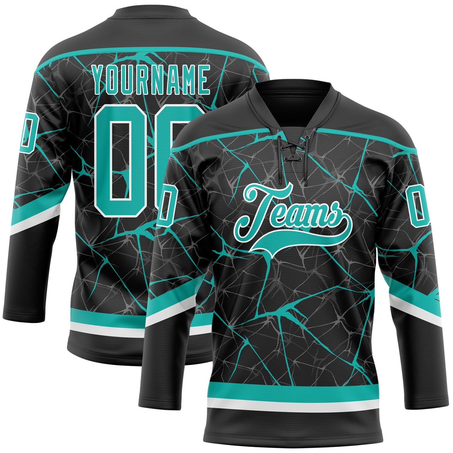 Custom Black Aqua-White 3D Pattern Abstract Network Hockey Lace Neck Jersey - Main View