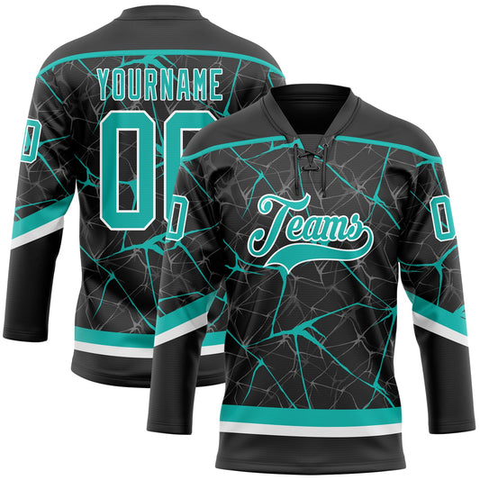 Custom Black Aqua-White 3D Pattern Abstract Network Hockey Lace Neck Jersey - Main View
