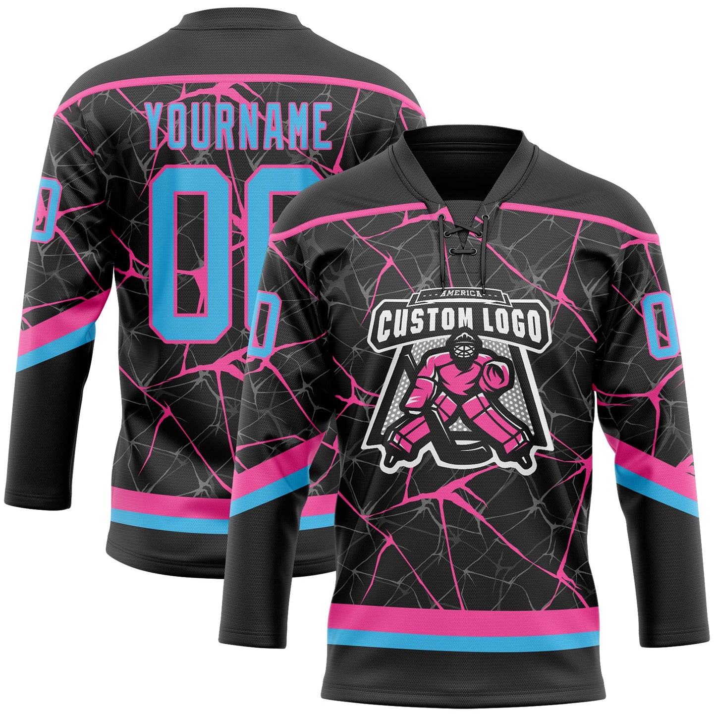 Custom Black Sky Blue-Pink 3D Pattern Abstract Network Hockey Lace Neck Jersey view 2