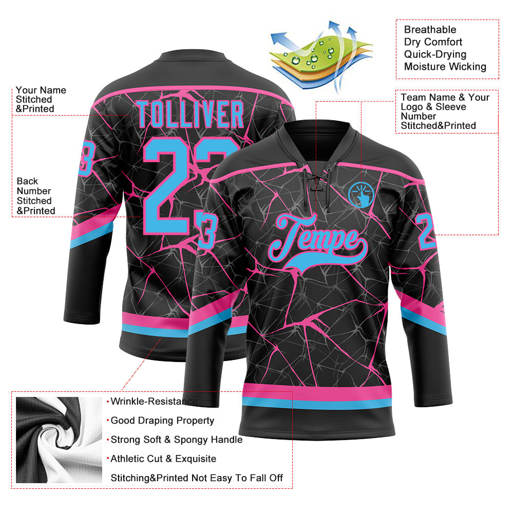 Custom Black Sky Blue-Pink 3D Pattern Abstract Network Hockey Lace Neck Jersey view 3