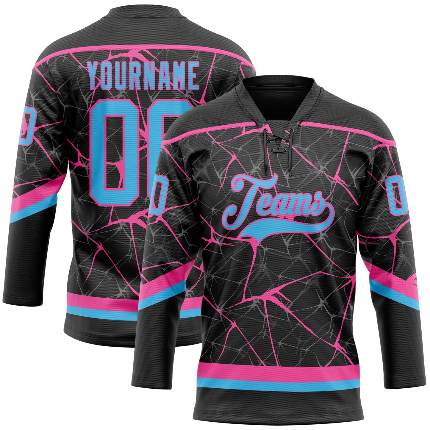Custom Black Sky Blue-Pink 3D Pattern Abstract Network Hockey Lace Neck Jersey - Main View