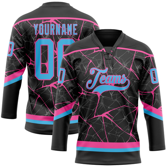 Custom Black Sky Blue-Pink 3D Pattern Abstract Network Hockey Lace Neck Jersey - Main View