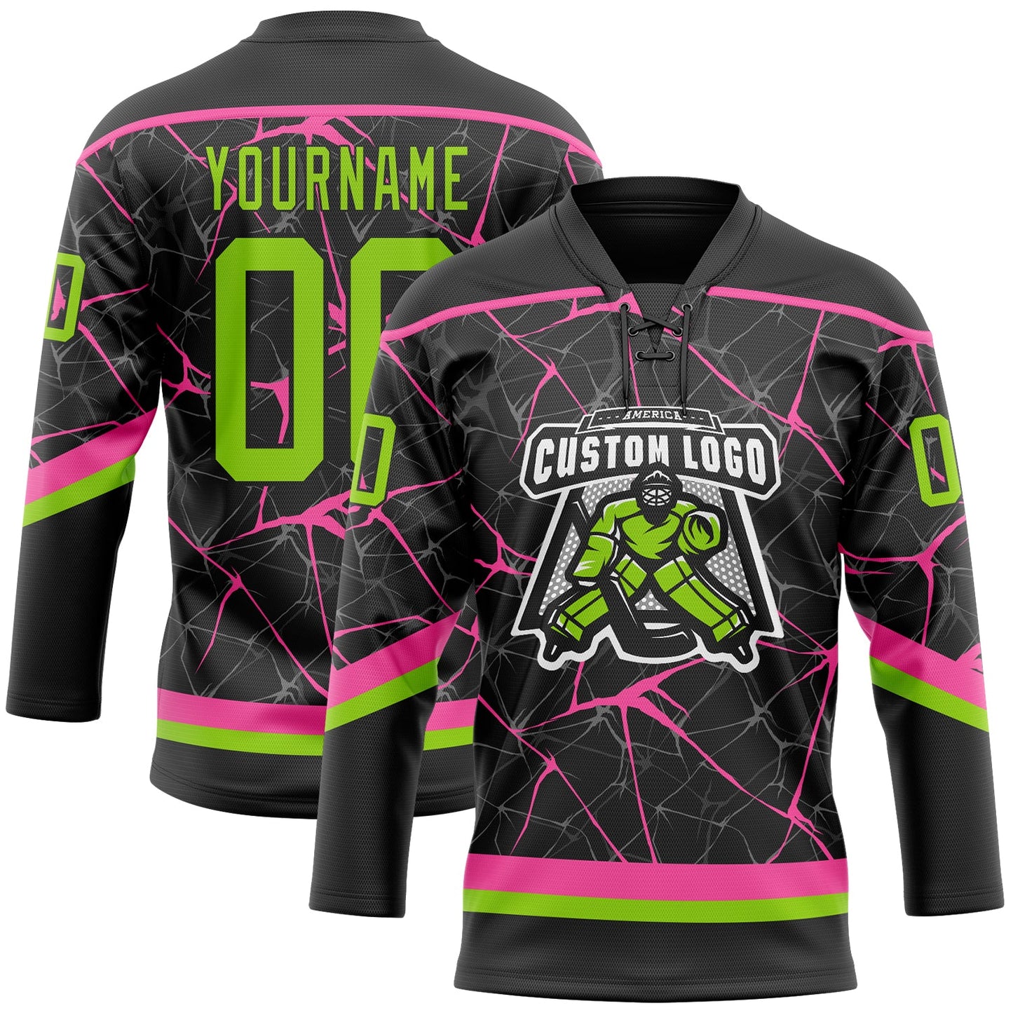 Custom Black Neon Green-Pink 3D Pattern Abstract Network Hockey Lace Neck Jersey view 2