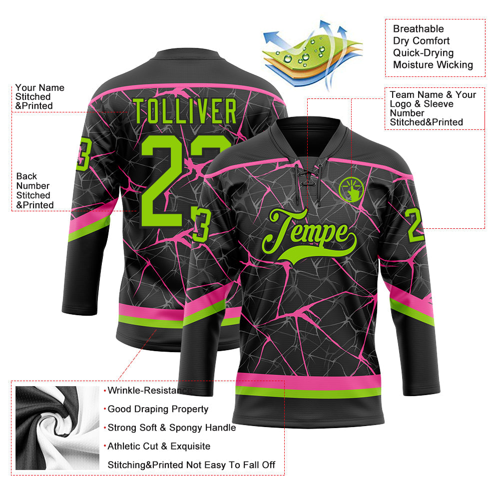 Custom Black Neon Green-Pink 3D Pattern Abstract Network Hockey Lace Neck Jersey view 3