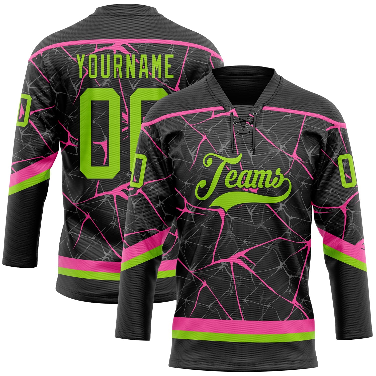 Custom Black Neon Green-Pink 3D Pattern Abstract Network Hockey Lace Neck Jersey - Main View