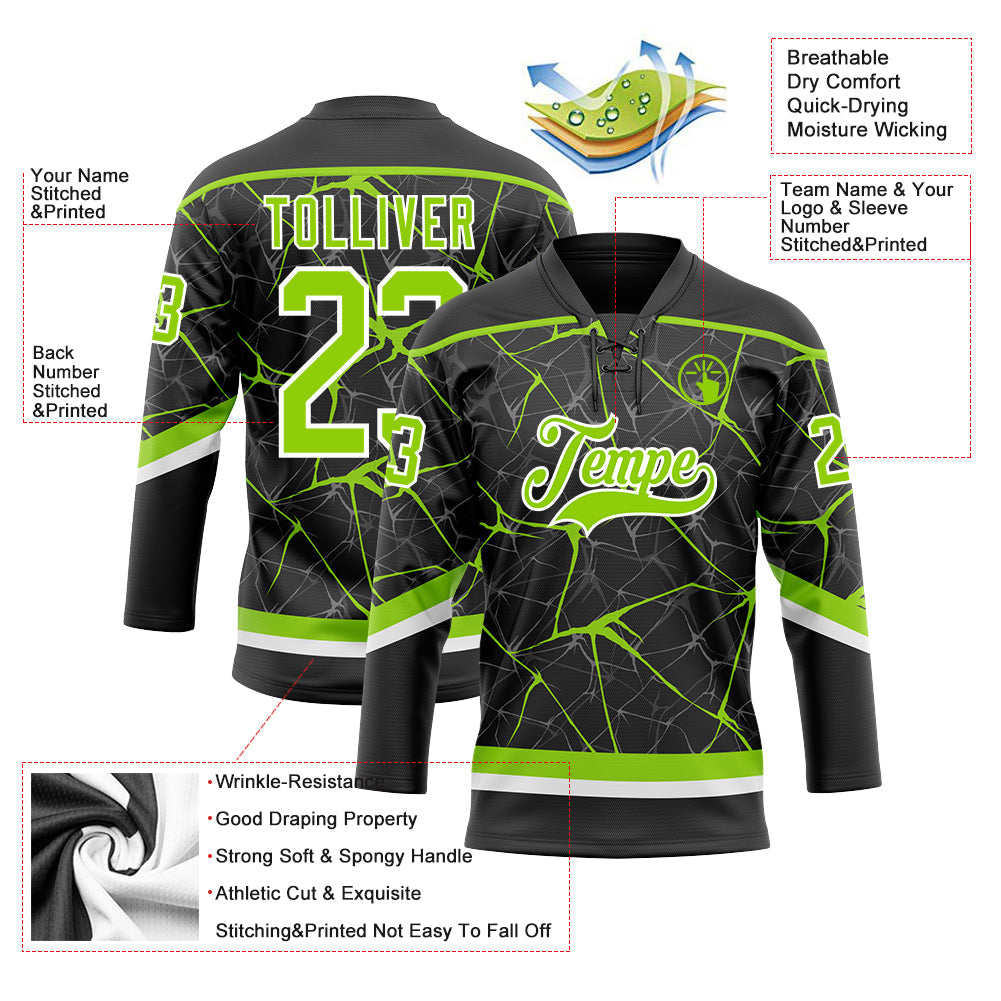 Custom Black Neon Green-White 3D Pattern Abstract Network Hockey Lace Neck Jersey view 3