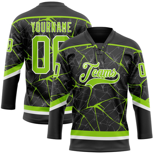 Custom Black Neon Green-White 3D Pattern Abstract Network Hockey Lace Neck Jersey - Main View