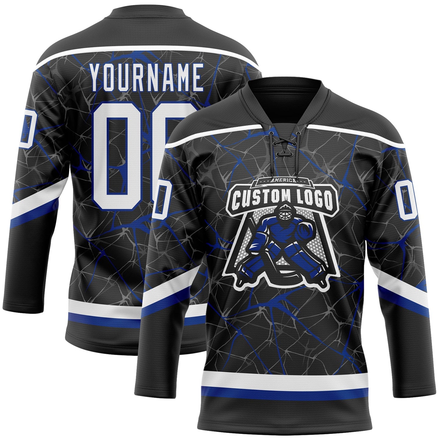 Custom Black White-Royal 3D Pattern Abstract Network Hockey Lace Neck Jersey view 2
