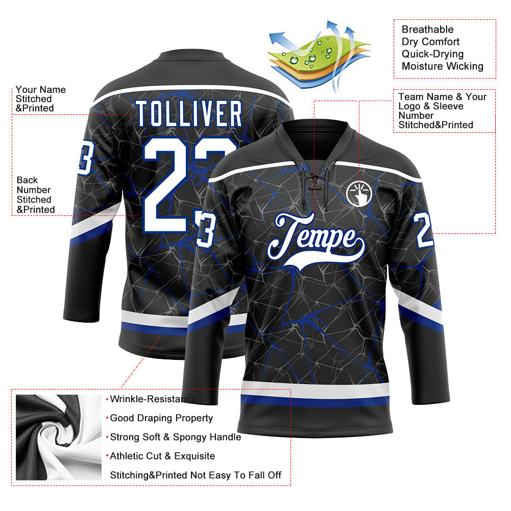 Custom Black White-Royal 3D Pattern Abstract Network Hockey Lace Neck Jersey view 3