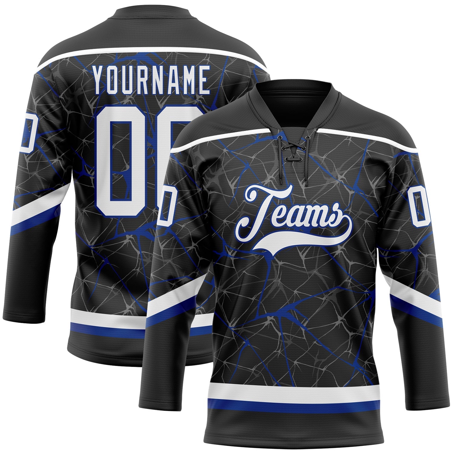 Custom Black White-Royal 3D Pattern Abstract Network Hockey Lace Neck Jersey - Main View