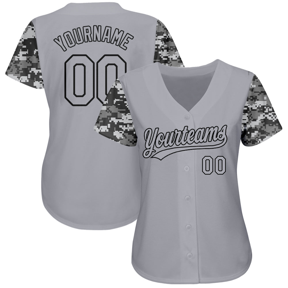 Custom Gray Black Digital Camo Two Tone Authentic Baseball Jersey view 2