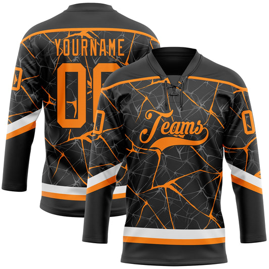 Custom Black Bay Orange-White 3D Pattern Abstract Network Hockey Lace Neck Jersey - Main View