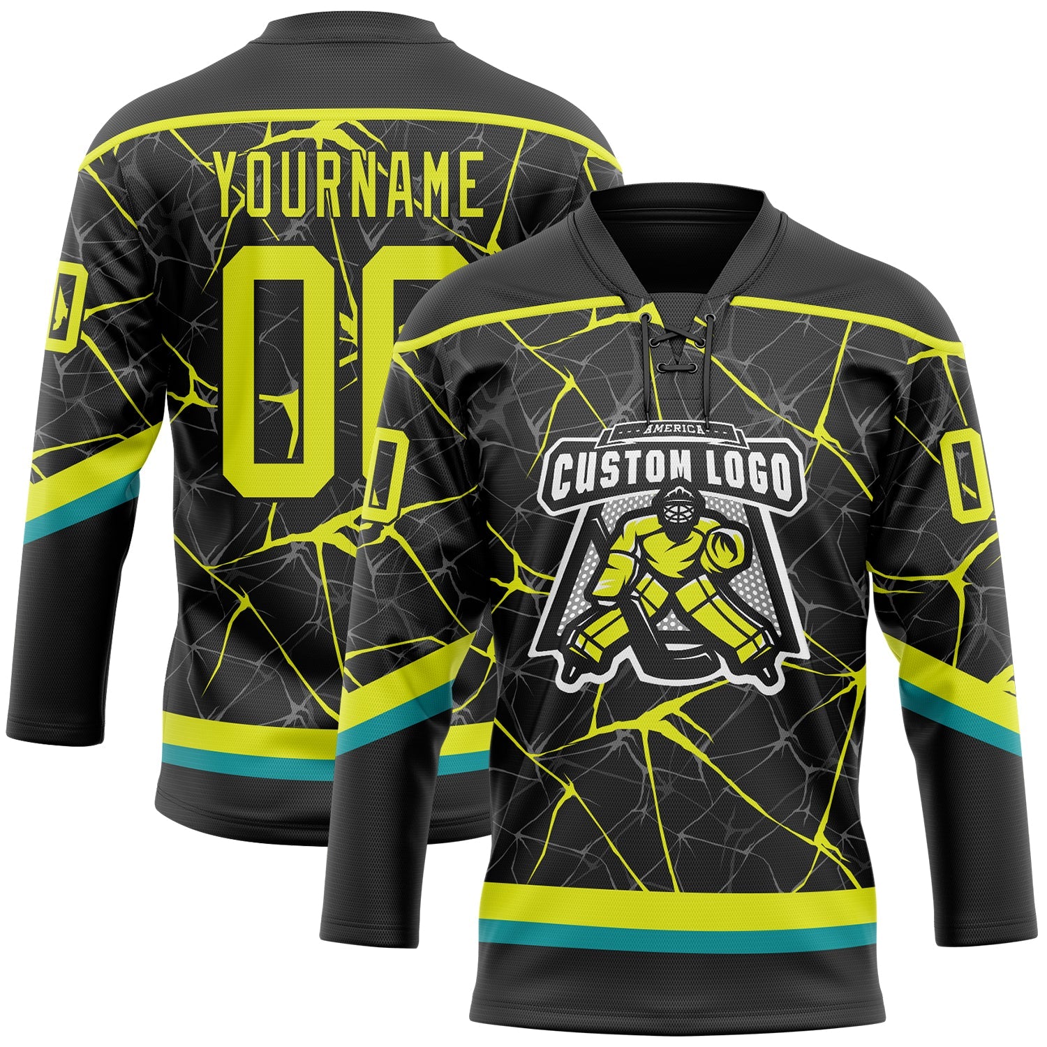 Custom Black Neon Yellow-Teal 3D Pattern Abstract Network Hockey Lace Neck Jersey view 2